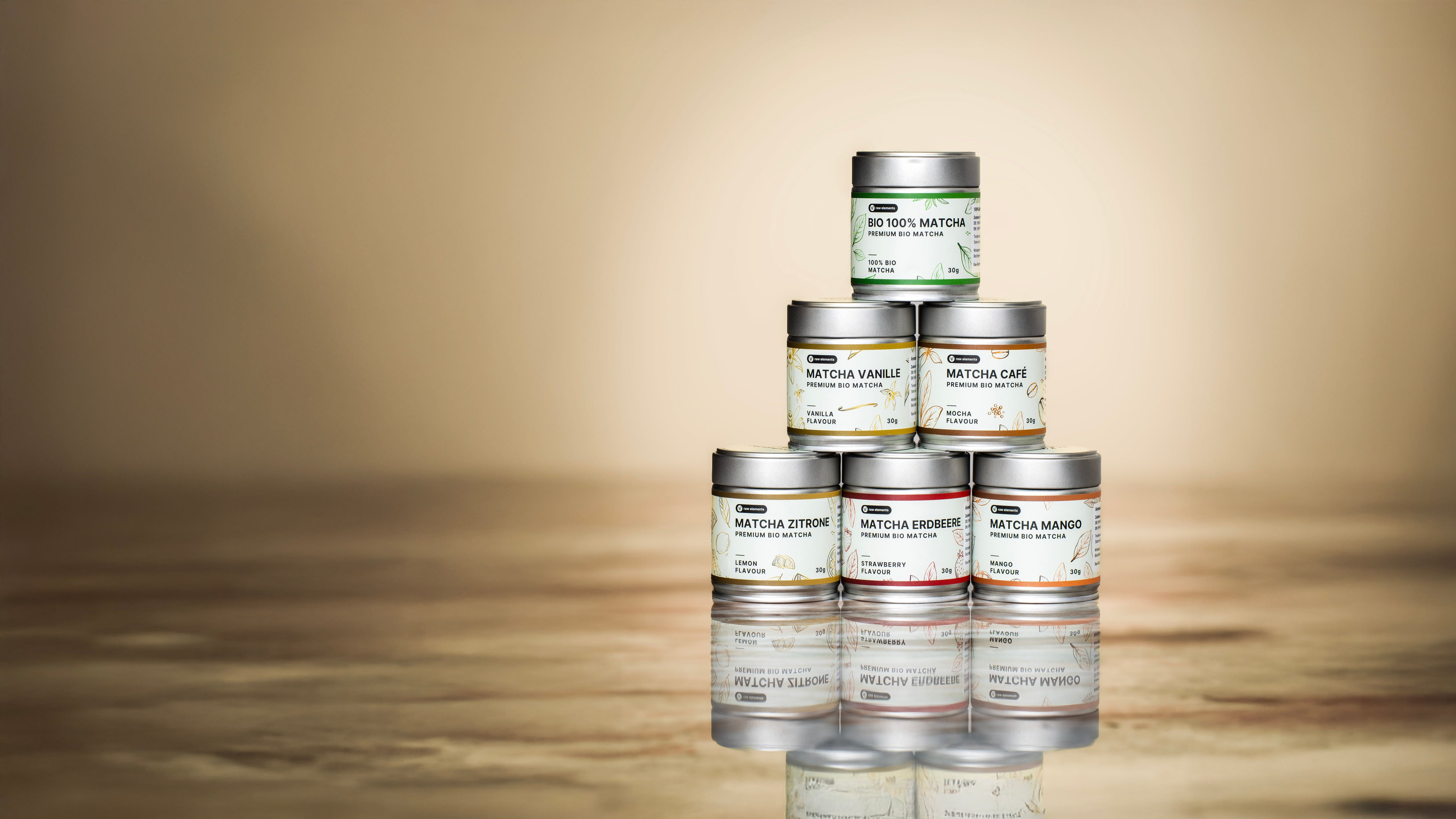 Matcha Set mit Bio Matcha Sorten wie Zitrone, Erdbeere, Mango und Café – perfekt für Matcha Tee Liebhaber.