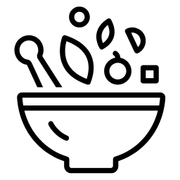Schwarz-weiß Icon einer Schale mit Blättern und Löffel – symbolisiert frische Zutaten und gesunden Matcha