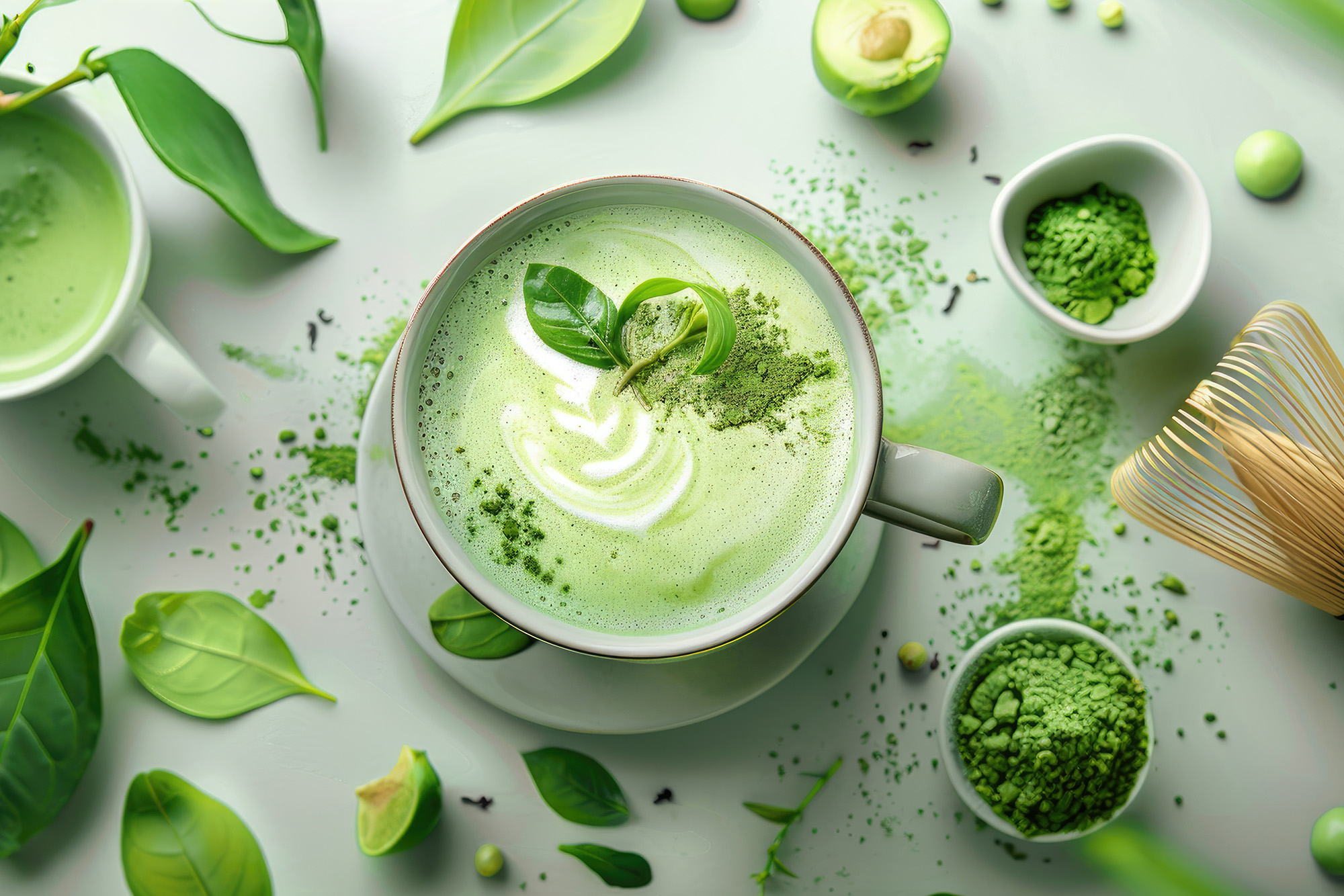 Frischer Matcha Latte mit grünem Tee Pulver – perfekte Zubereitung von Matcha Tee mit cremigem Milchschaum