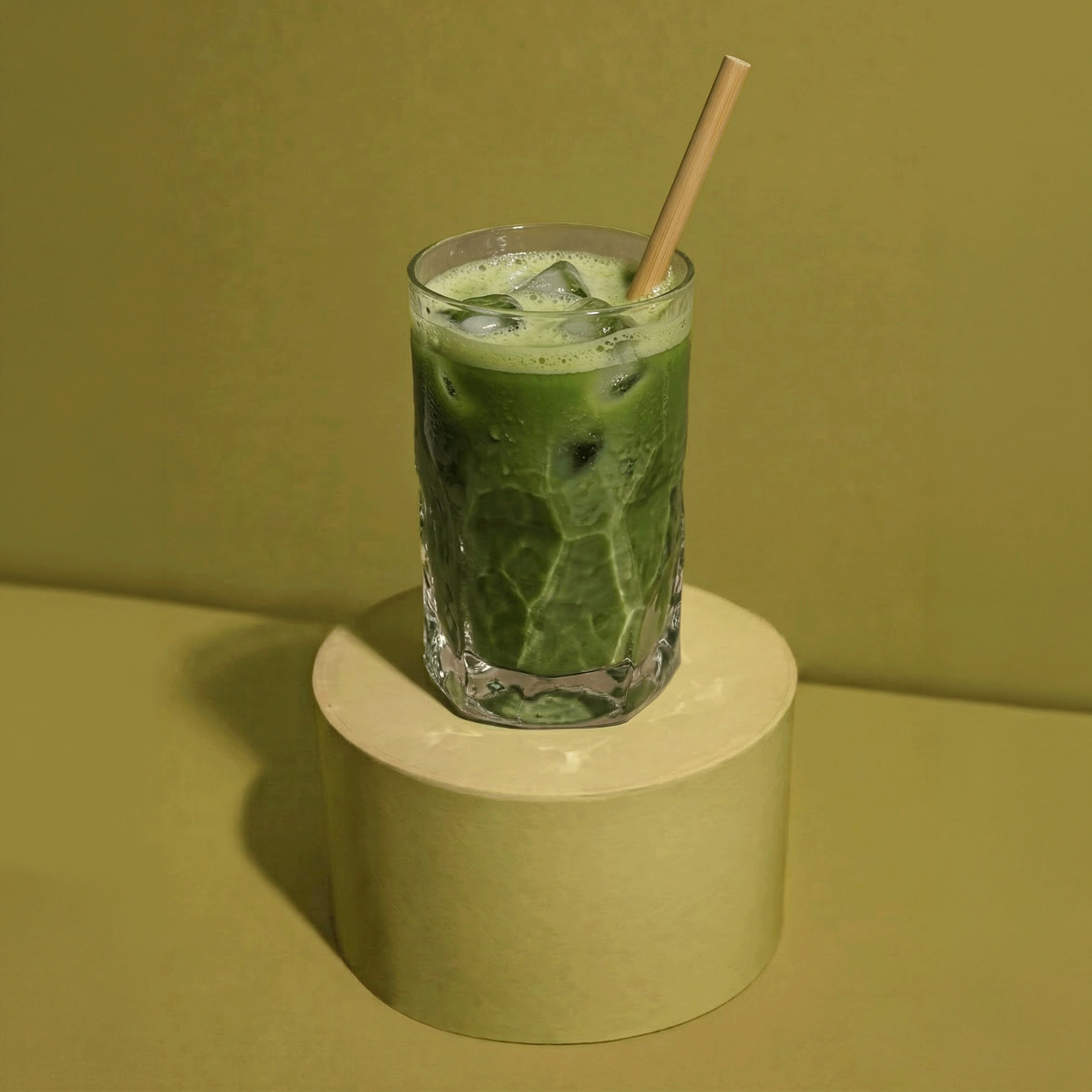 Erfrischender Iced Matcha Latte mit Eiswürfeln und einem Bambusstrohhalm in einem transparenten Glas, stehend auf einem grünen Podest.