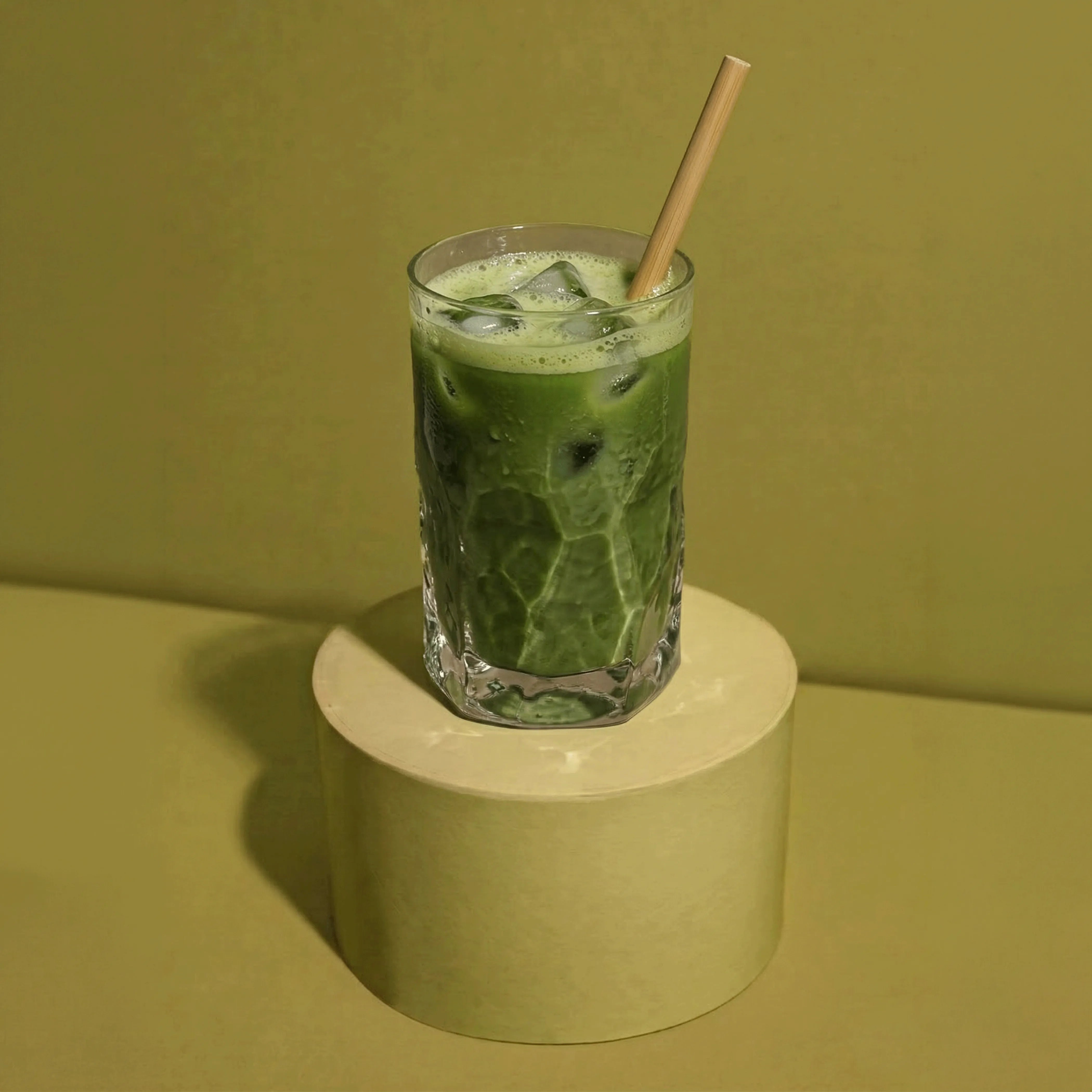 Erfrischender Iced Matcha Latte mit Eiswürfeln und einem Bambusstrohhalm in einem transparenten Glas, stehend auf einem grünen Podest.