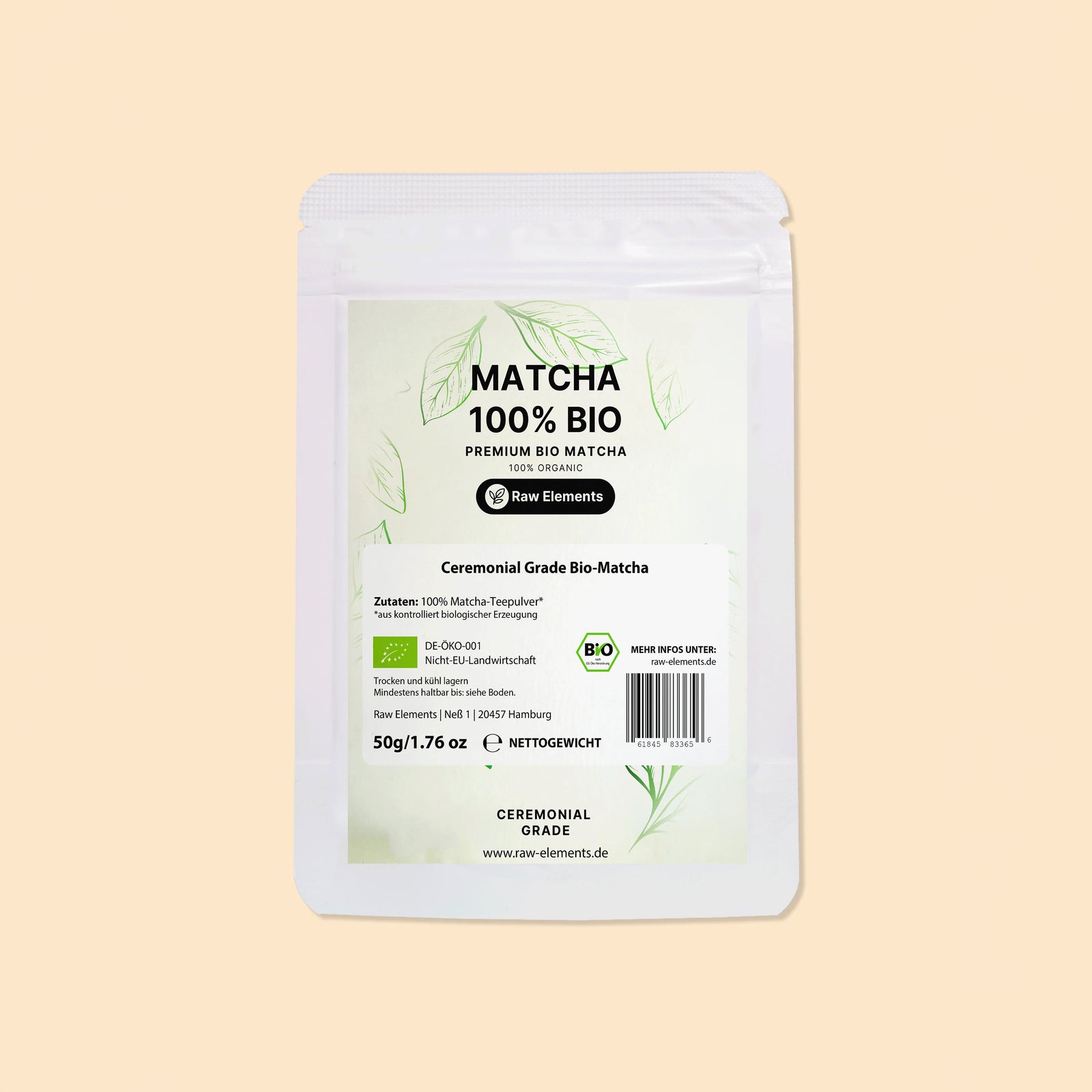 Rückseite der Raw Elements Bio 100% Matcha Ceremonial Grade Verpackung mit Zutatenliste und EU-Bio-Siegel.