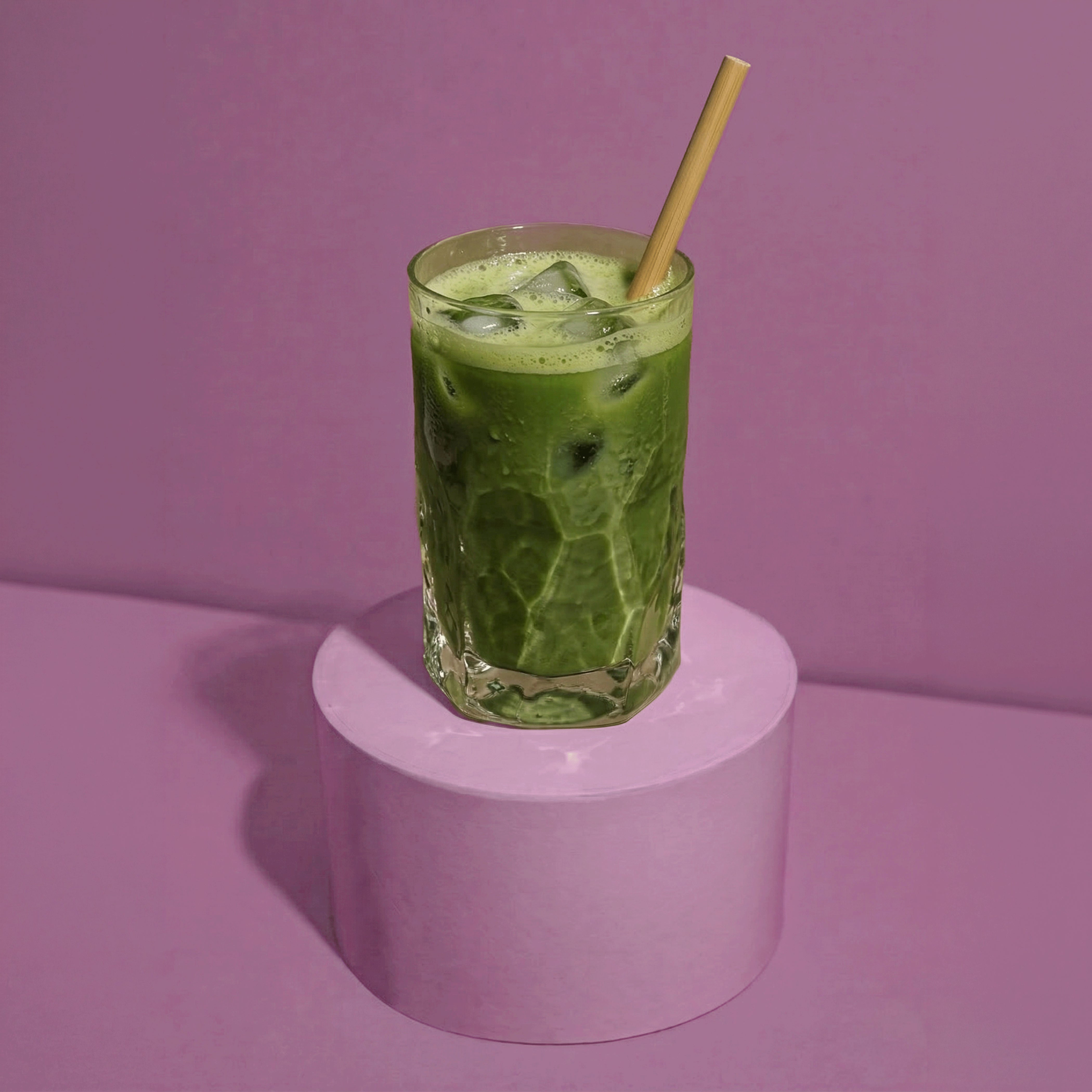 Ein erfrischendes Kaltgetränk mit Raw Elements Bio Açai Beeren Pulver, Eiswürfeln und einem Bambusstrohhalm in einem Glas, präsentiert auf einem lilafarbenen Podest.