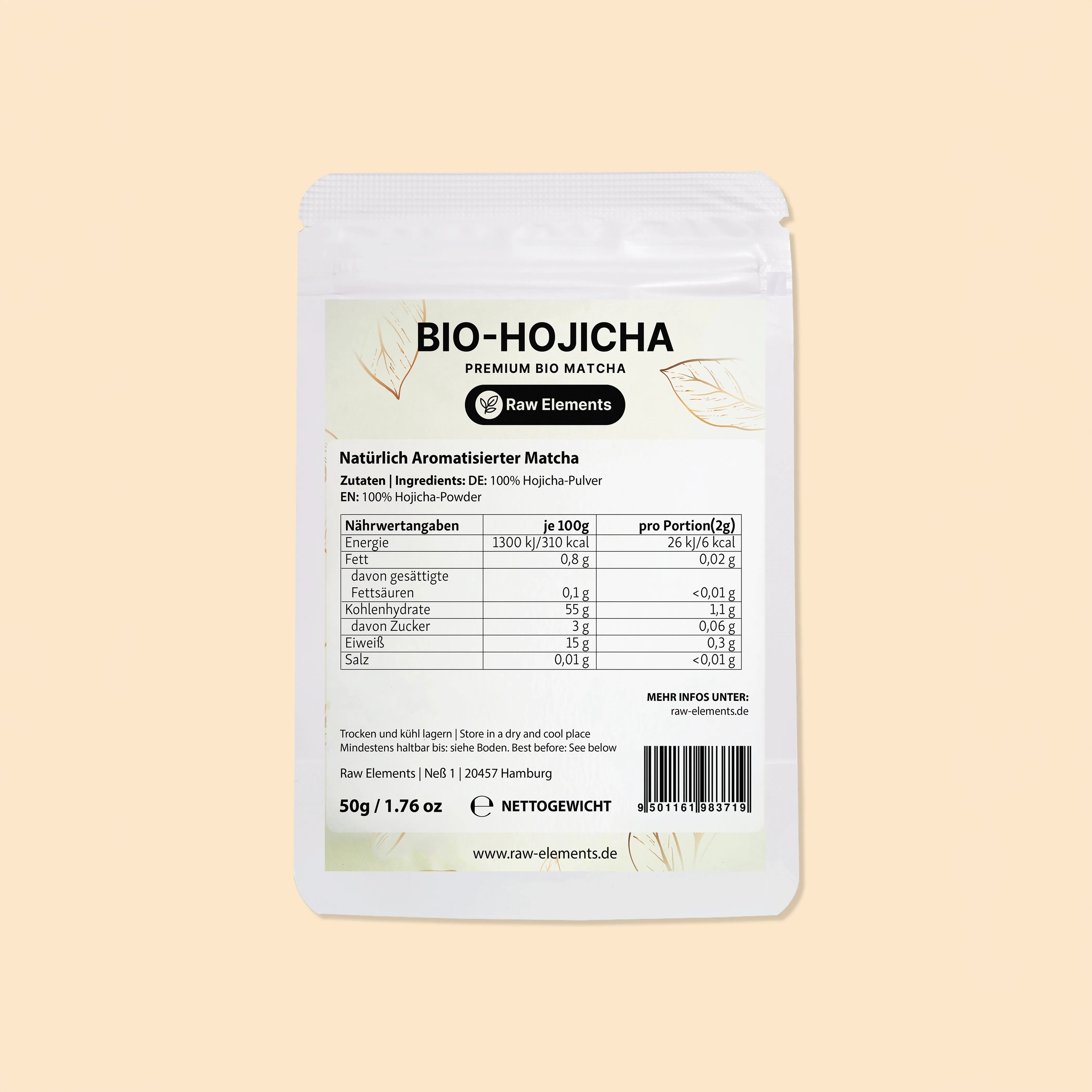 Rückseite der Raw Elements Bio-Hojicha Verpackung mit detaillierter Nährwerttabelle und Zutatenliste.