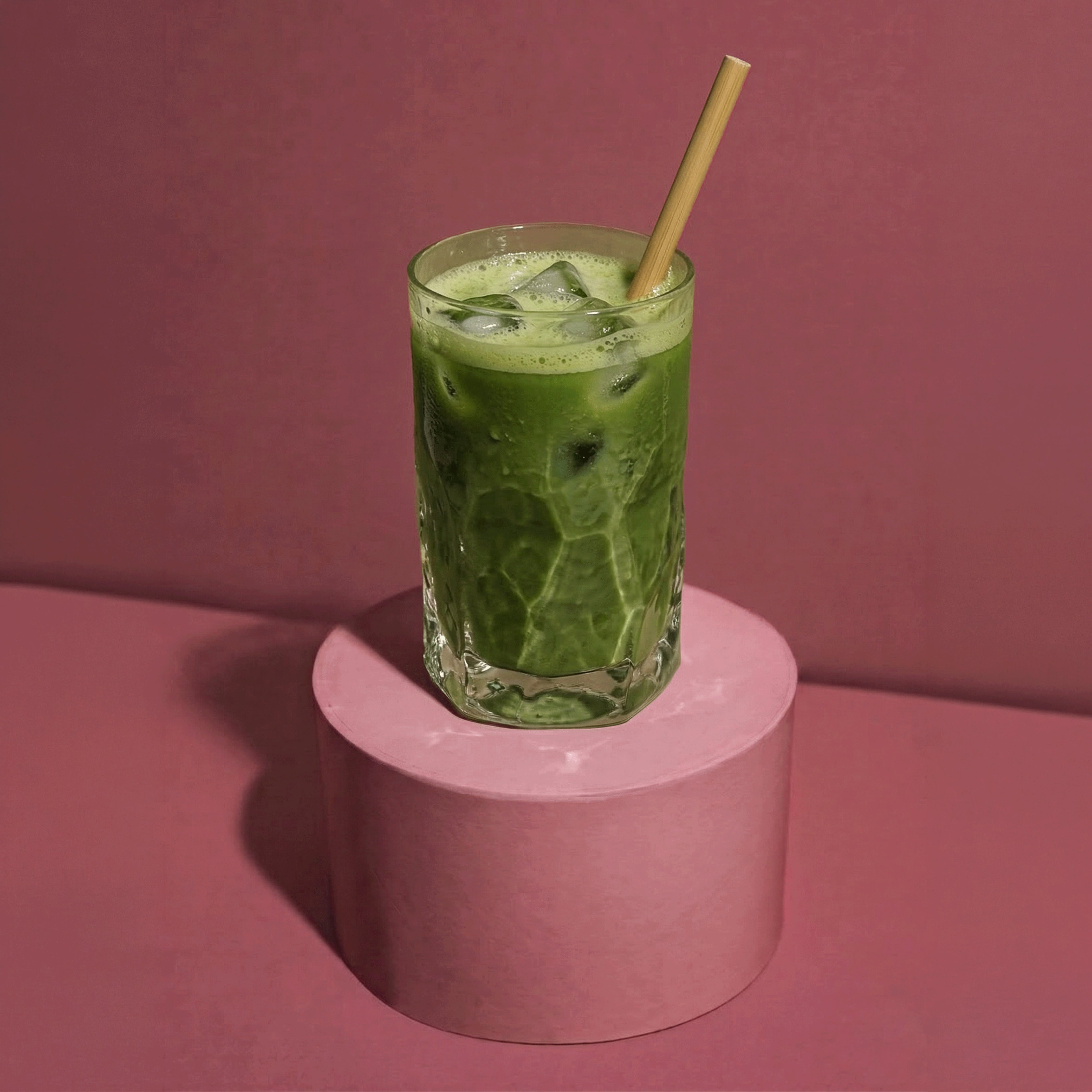 Ein erfrischender Bio Matcha Erdbeere Iced Latte mit Eiswürfeln und einem Bambusstrohhalm in einem transparenten Glas auf einem altrosa Podest.