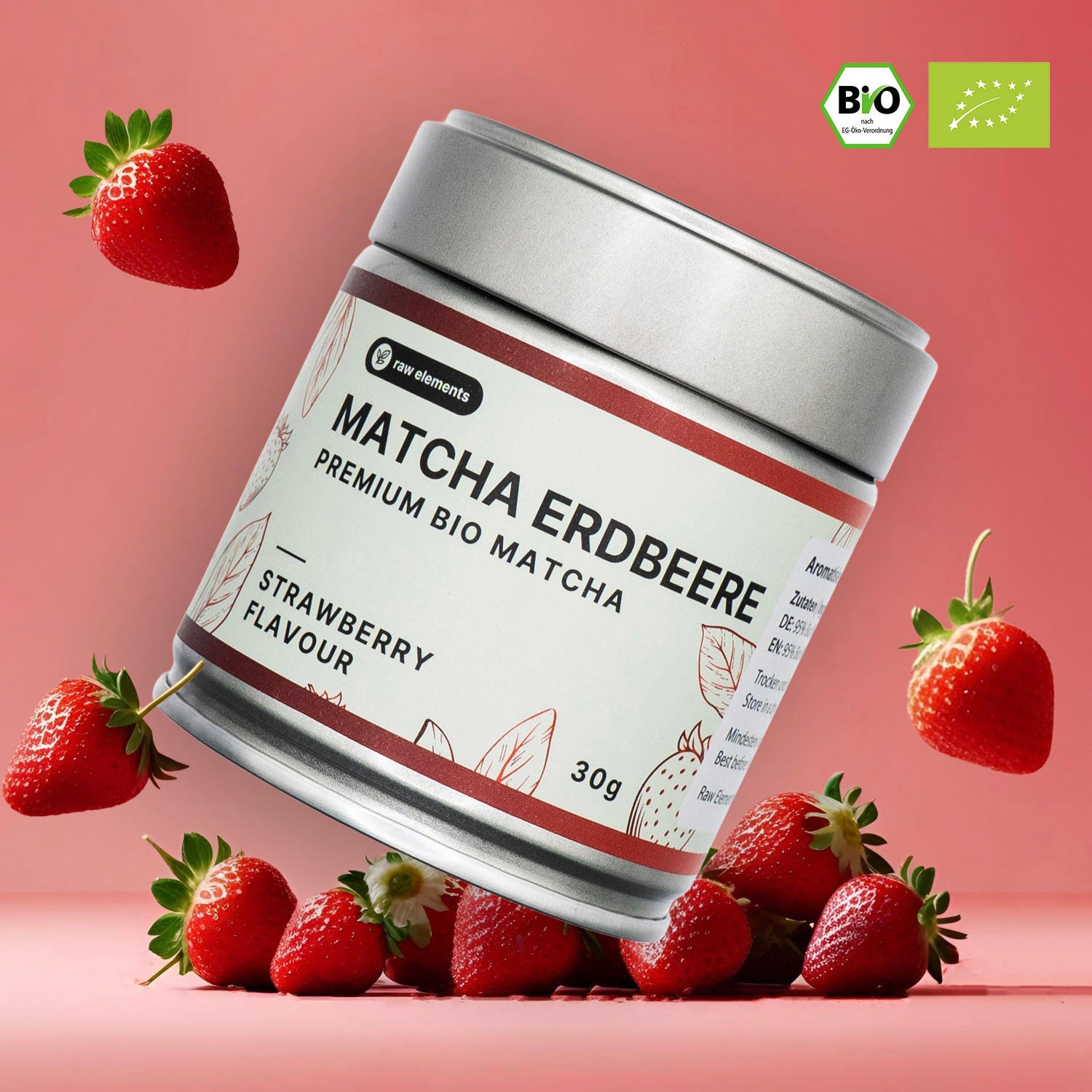 100 % Bio Matcha mit natürlichem Erdbeer-Geschmack von Raw Elements – fruchtig & süß