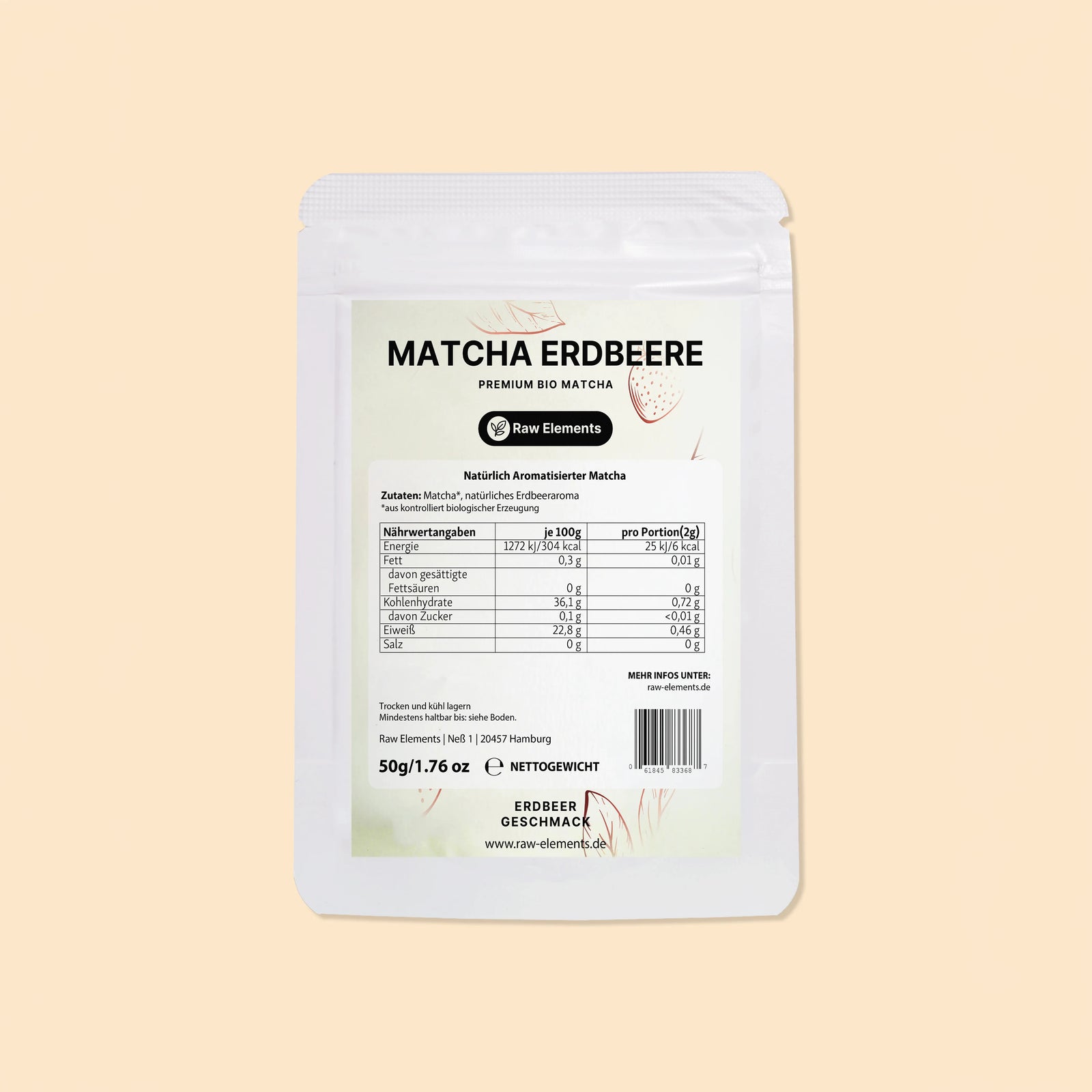 Rückseite der Raw Elements Bio Matcha Erdbeere Verpackung mit detaillierter Nährwerttabelle, Zutatenliste und EU-Bio-Siegel.