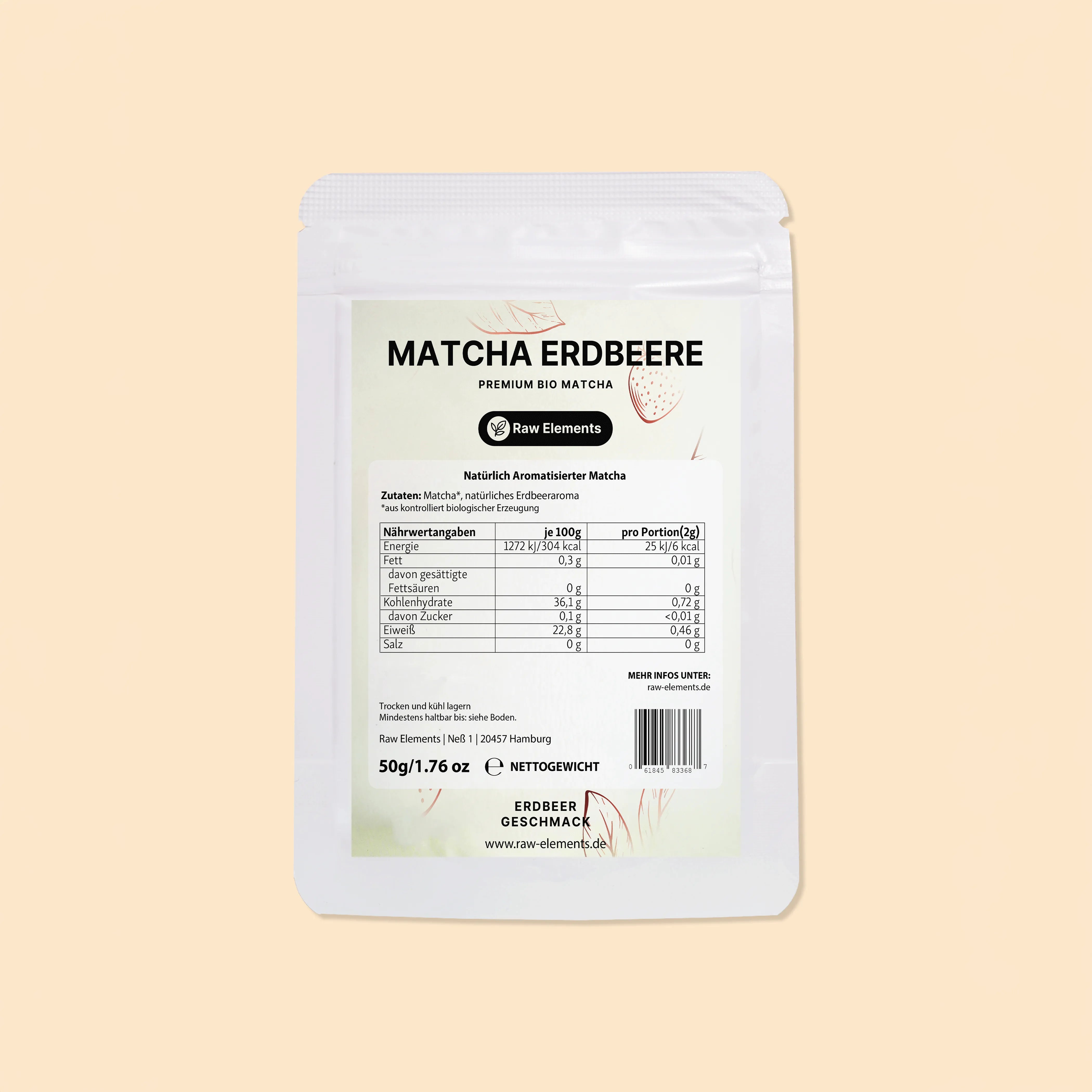 Rückseite der Raw Elements Bio Matcha Erdbeere Verpackung mit detaillierter Nährwerttabelle, Zutatenliste und EU-Bio-Siegel.