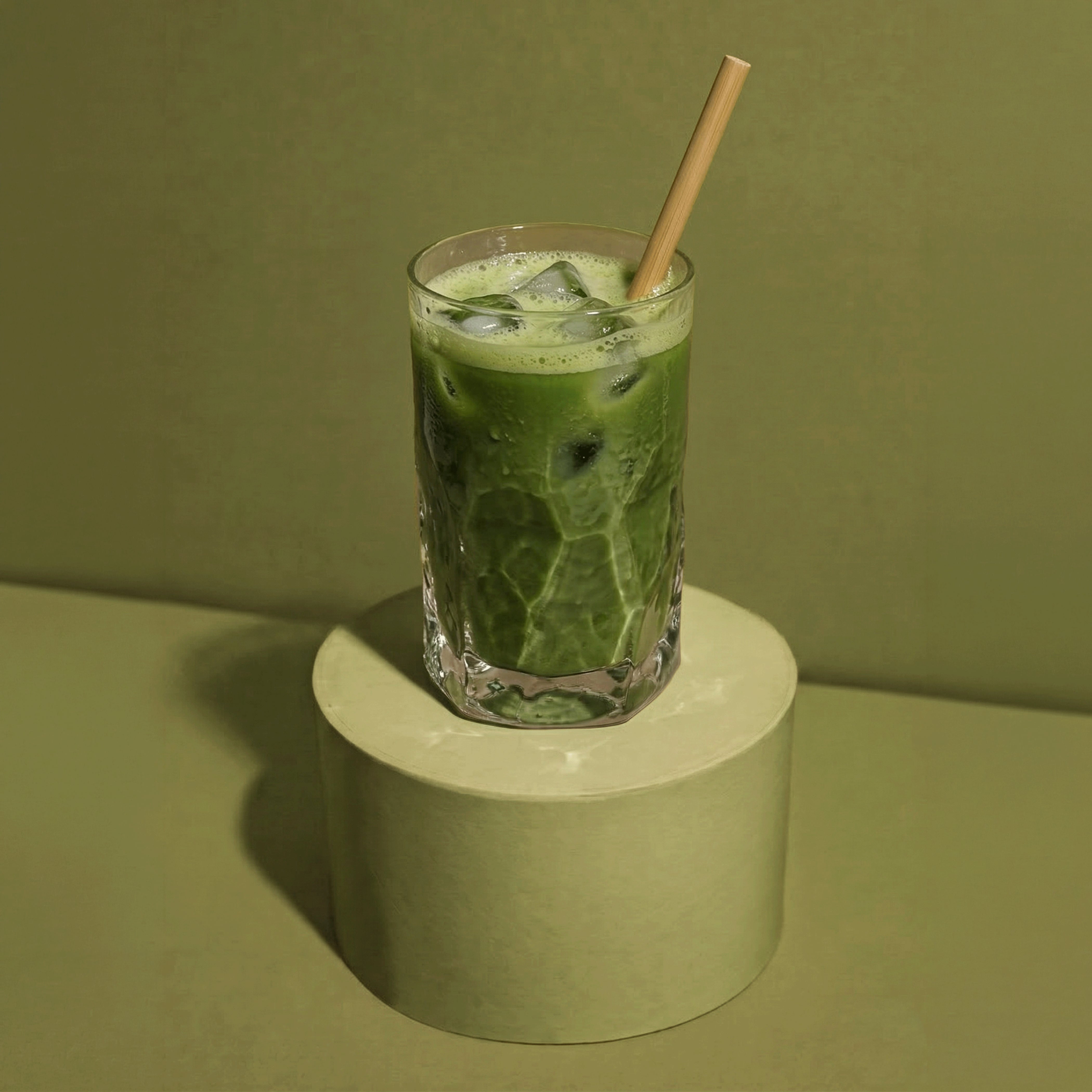 Ein kühler Bio Matcha Vanille Iced Latte mit Eiswürfeln und einem Bambusstrohhalm in einem transparenten Glas auf einem grünen Podest.