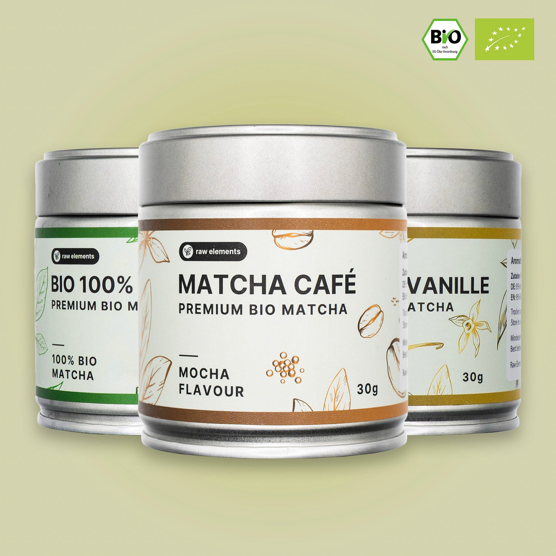 Matcha Classic Set von Raw Elements – 100 % Bio Matcha mit Vanille, Café und purer Sorte
