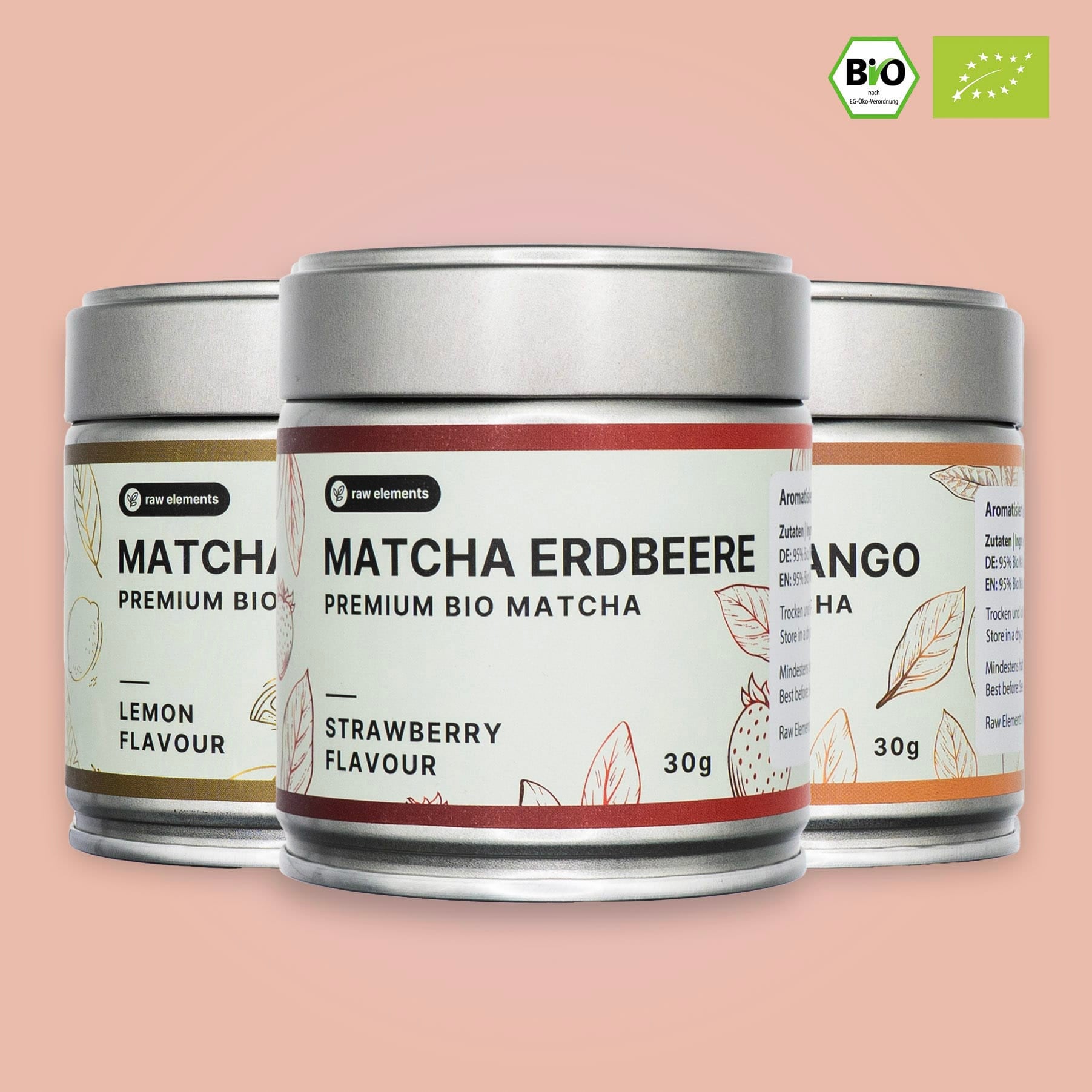 Matcha Fruity Punch Set von Raw Elements – 100 % Bio Matcha mit Mango, Erdbeere und Zitrone.
