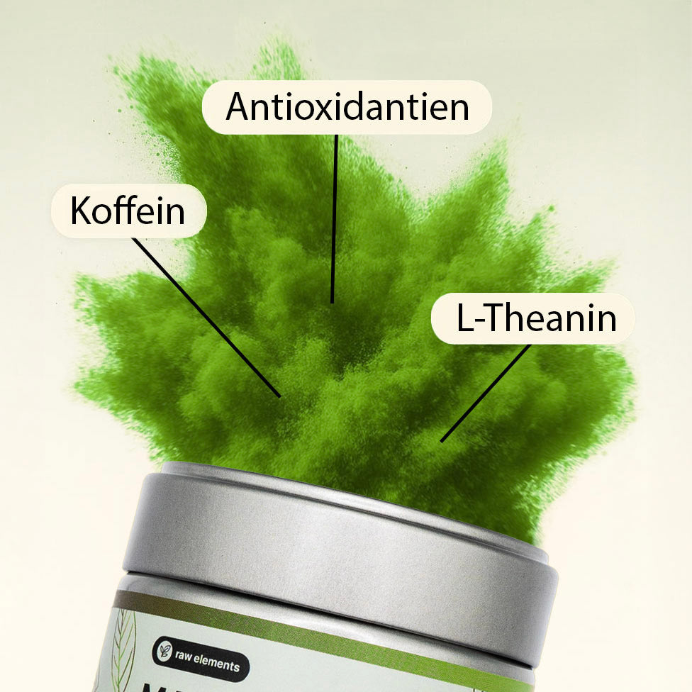 Matcha Pulver Explosion – Symbol für natürlichen Fokus und langanhaltende Energie