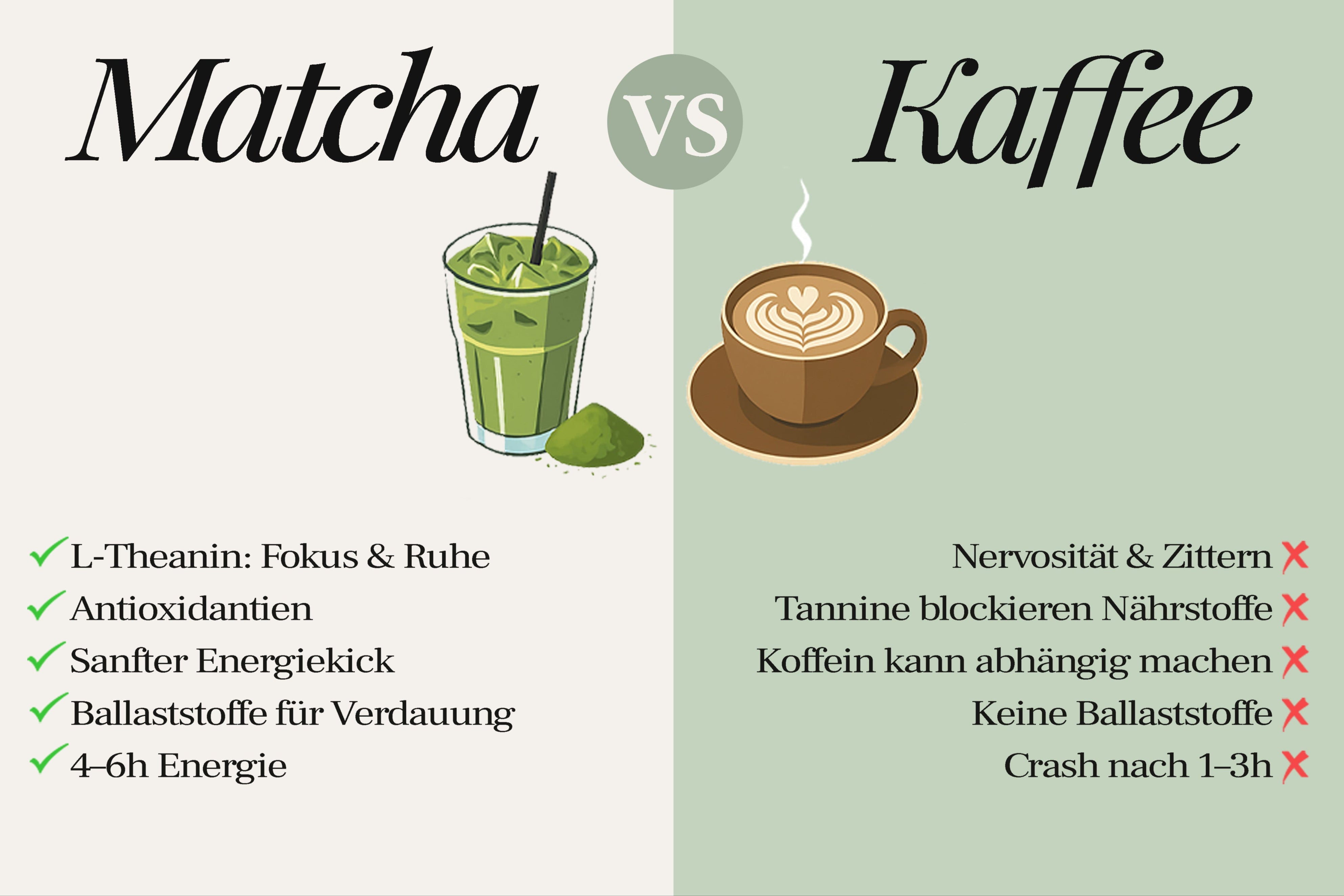 Vergleich von 100 % Bio Matcha und Kaffee – natürlicher Energiekick ohne Crash