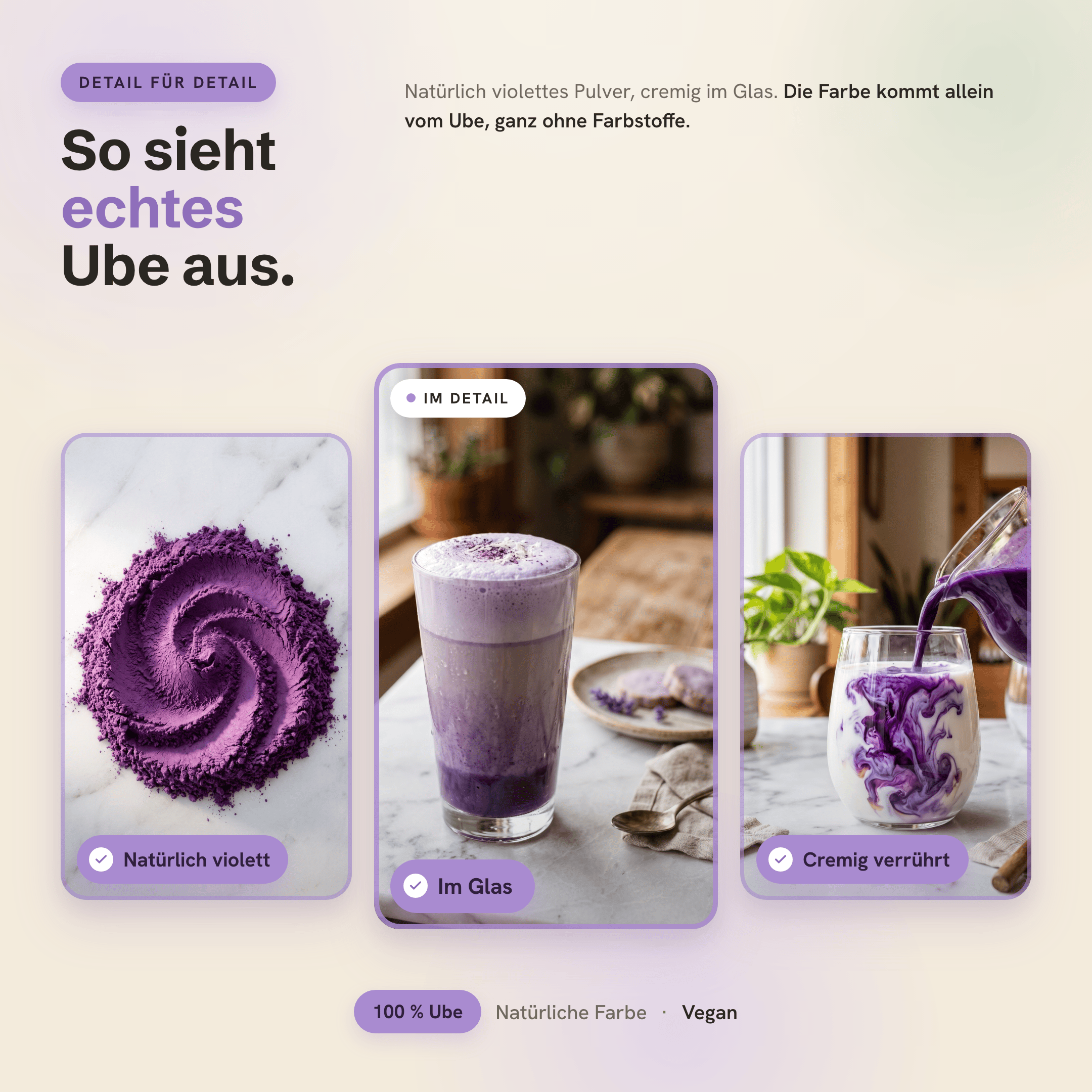 Ube im Detail: violettes Pulver, Latte im Glas