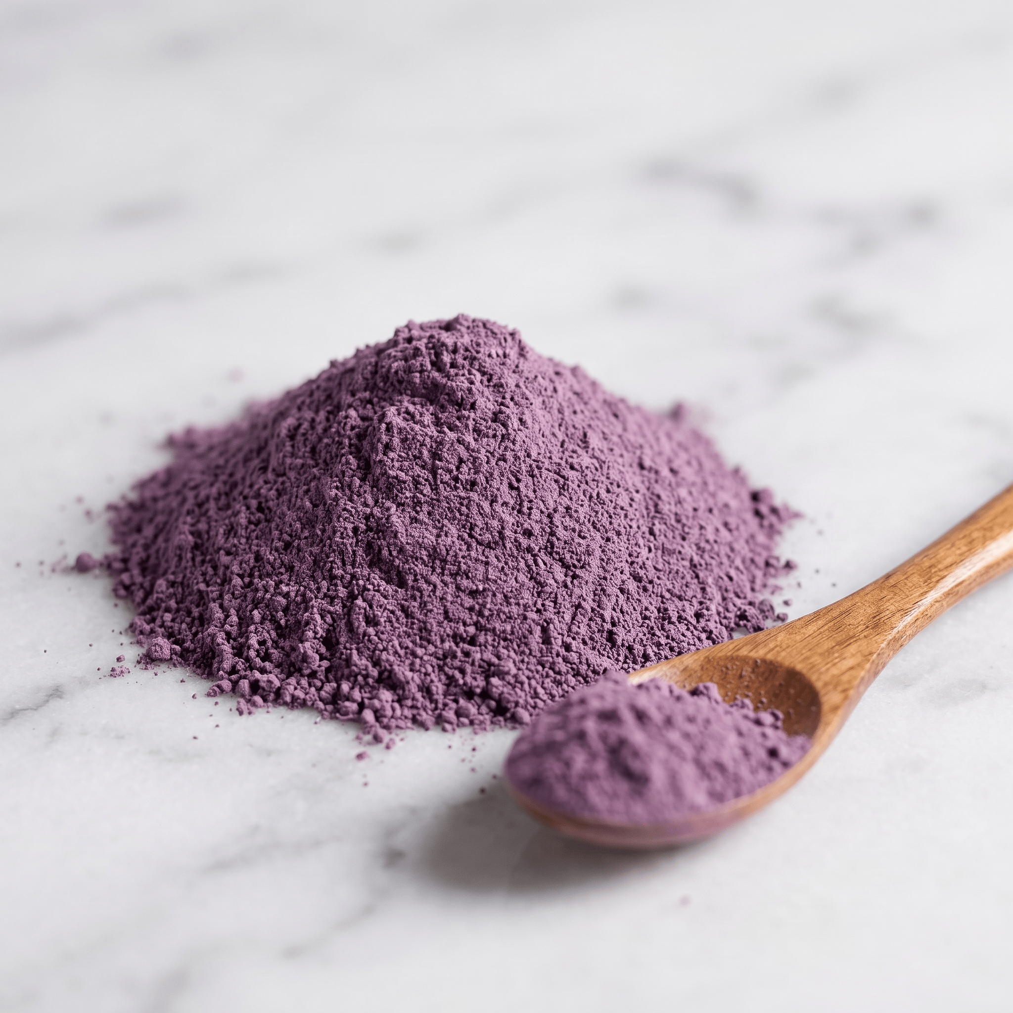 Ube Pulver violett mit Holzlöffel, Makro