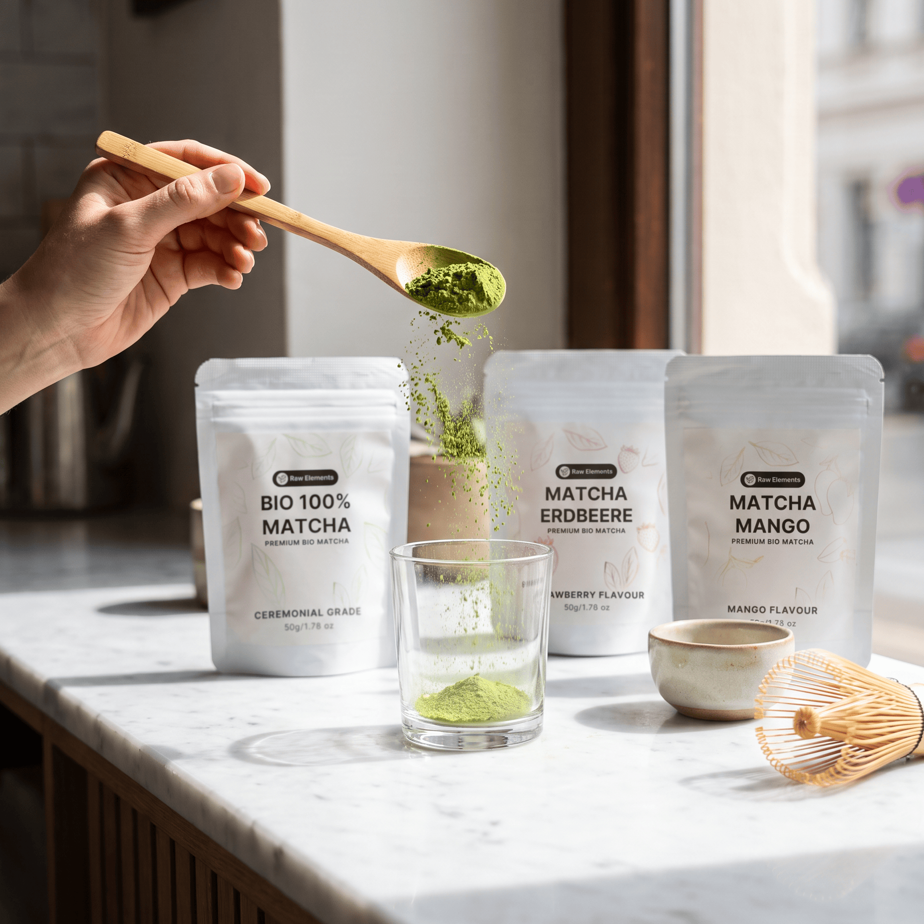 Bio Matcha Pulver wird mit Bambuslöffel ins Glas gegeben