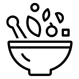 Schwarz-weiß Icon einer Schale mit Blättern und Löffel – symbolisiert frische Zutaten und gesunden Matcha