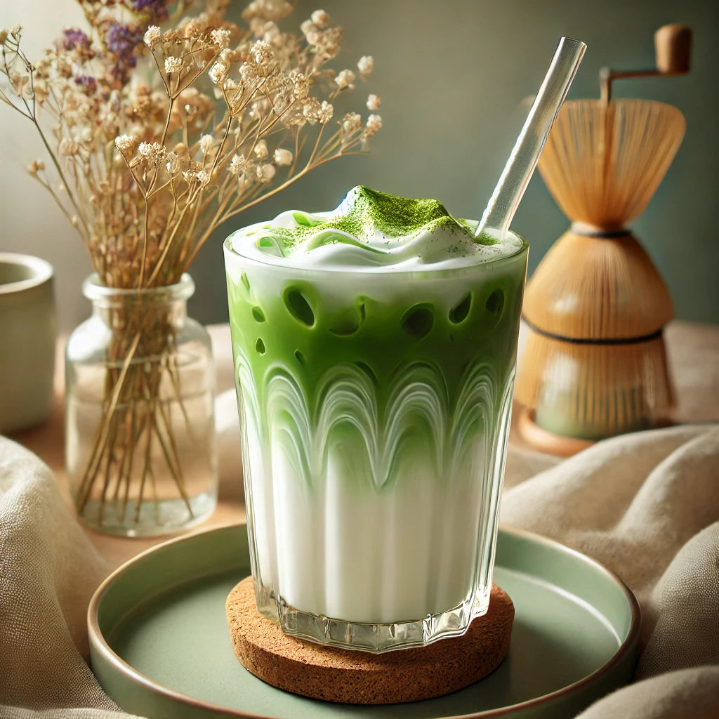 Ästhetisch servierter Iced Matcha Latte mit Milch und Eis – perfektes Sommergetränk mit Matcha Latte Wirkung.