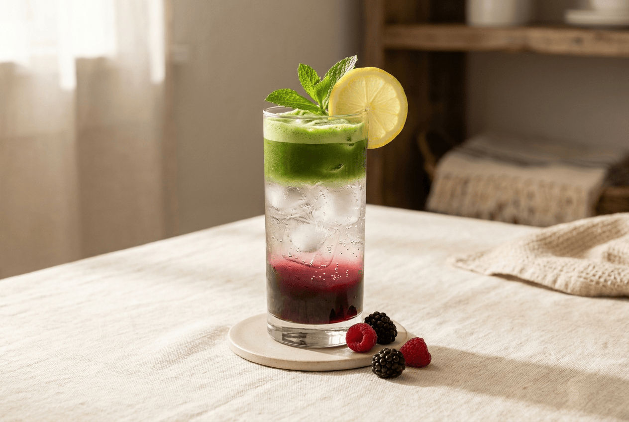 Berry Matcha Spritz mit Wildberry Tonic, Eiswürfeln, Minze und grüner Matcha-Schicht