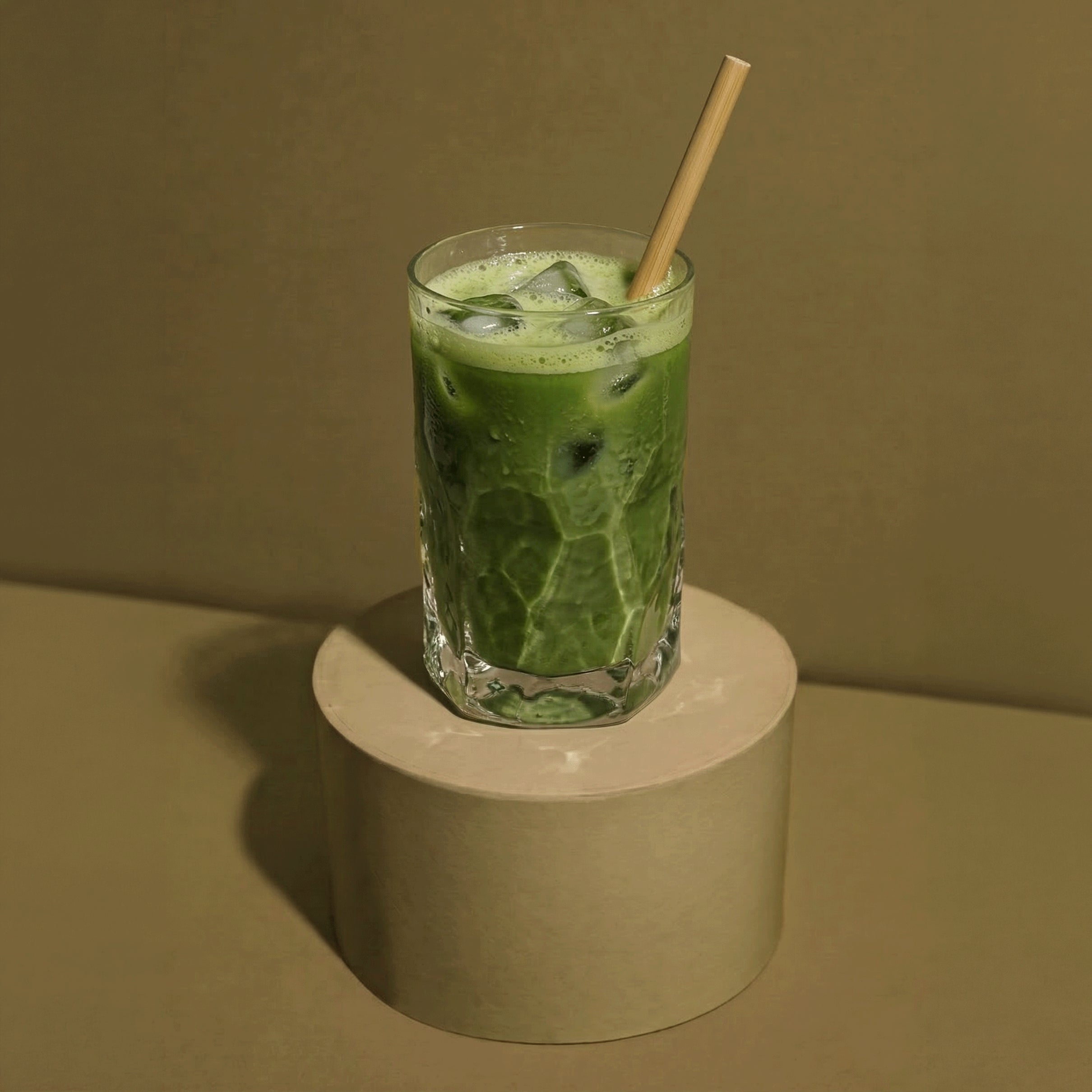 Ein erfrischender Bio-Hojicha Iced Latte mit Eiswürfeln und einem Bambusstrohhalm in einem Glas, stehend auf einem runden Podest.