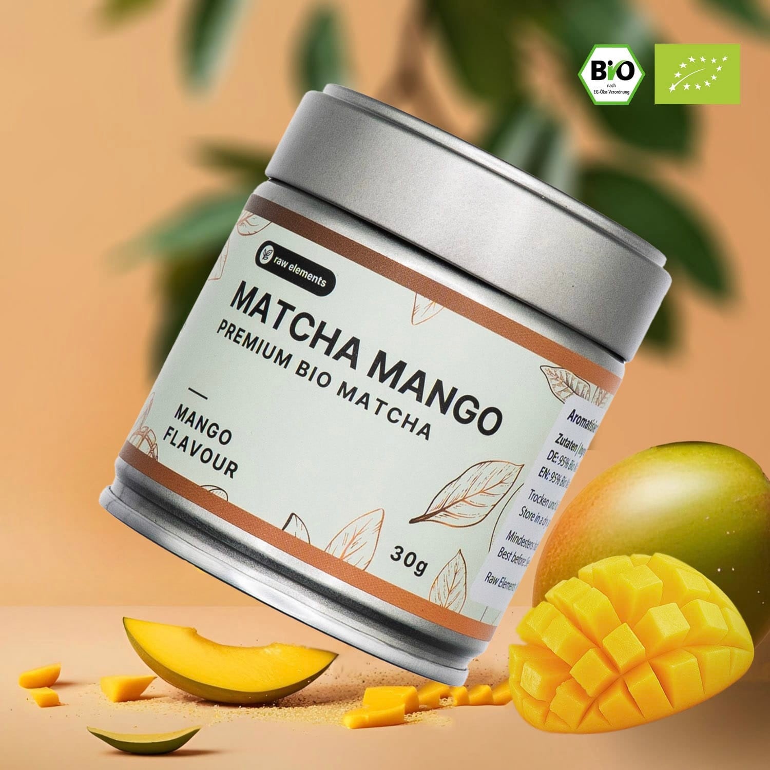 100 % Bio Matcha mit natürlichem Mango-Geschmack von Raw Elements – exotisch & fruchtig