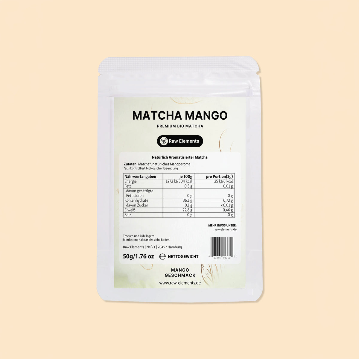 Rückseite der Bio Matcha Mango Verpackung mit detaillierten Nährwertangaben, Zutaten und dem EU-Bio-Siegel.