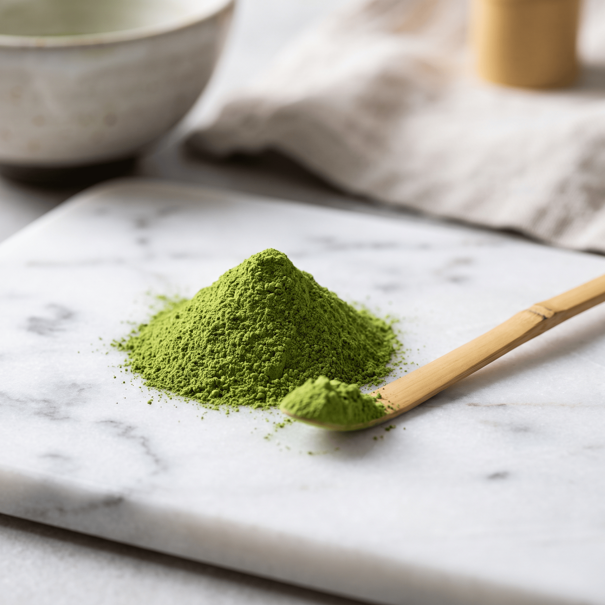 Grünes Bio Matcha Pulver mit Bambuslöffel, Makro