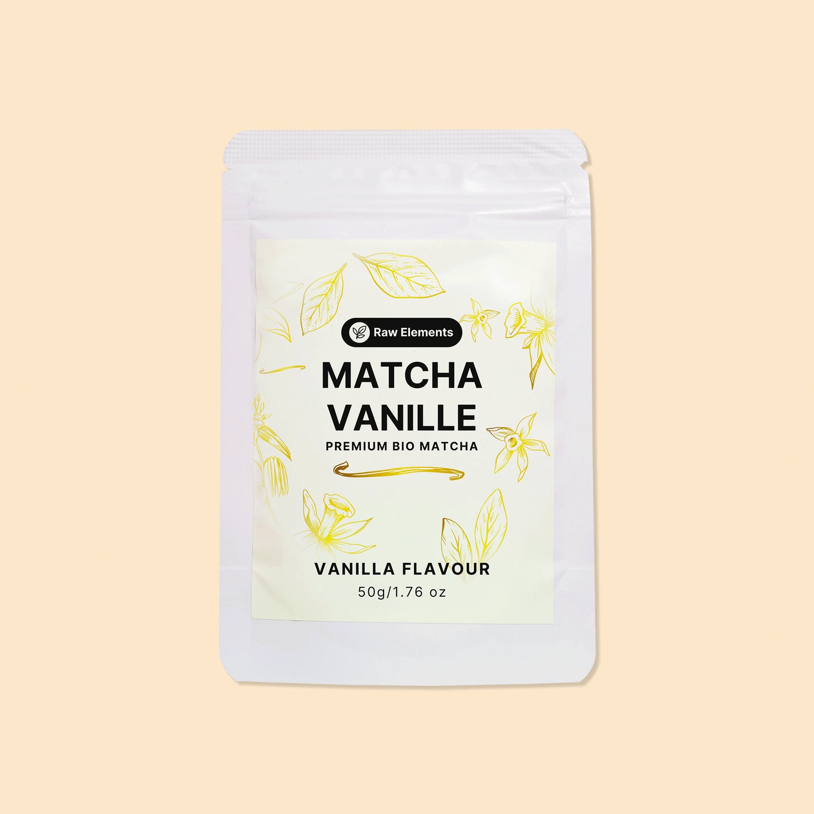 Frontansicht der Raw Elements Bio Matcha Vanille Verpackung (50g) mit eleganten Vanilleblüten-Illustrationen auf beigem Hintergrund.