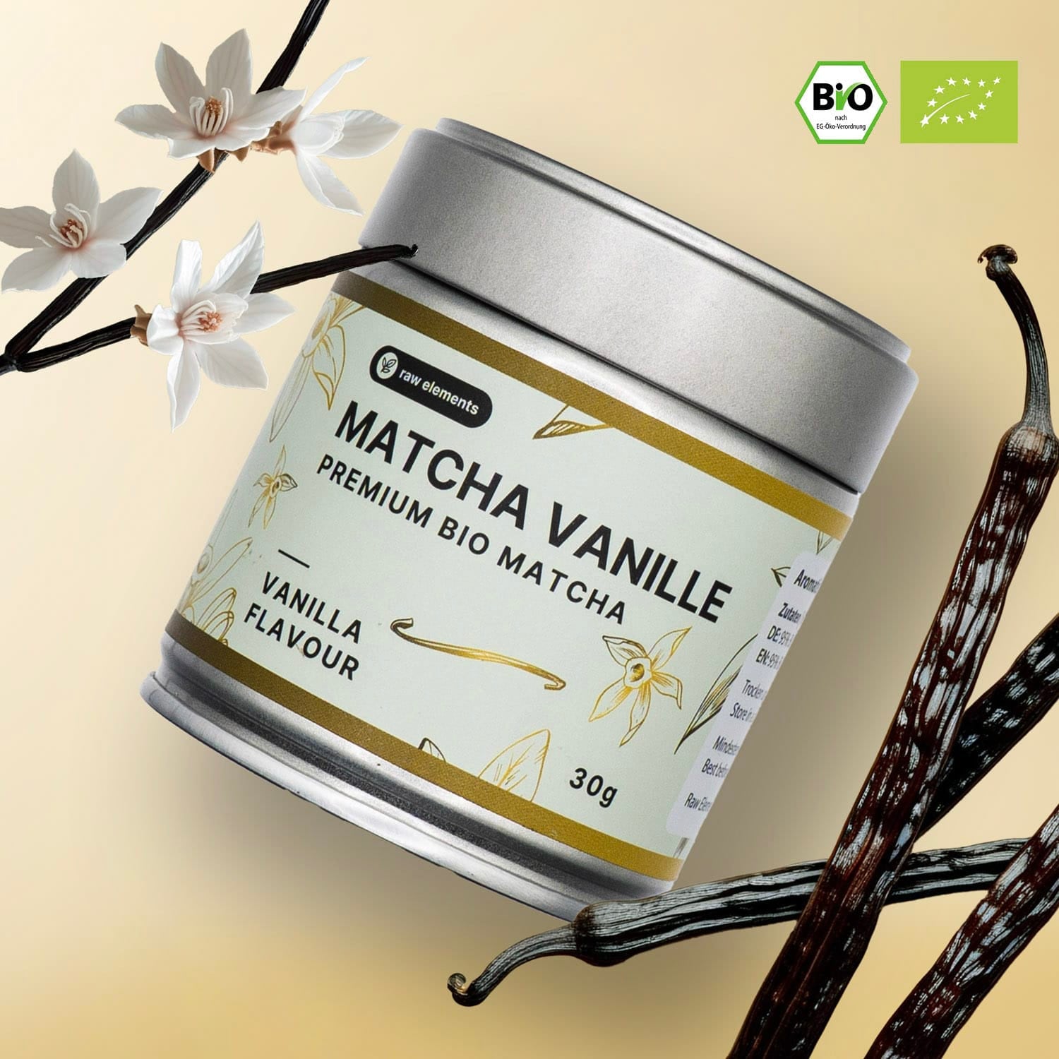 100 % Bio Matcha mit natürlichem Vanille-Geschmack von Raw Elements – sanft & aromatisch