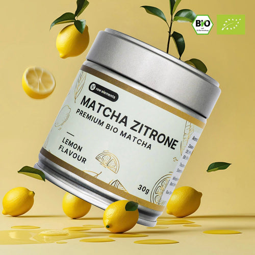 100 % Bio Matcha mit natürlichem Zitronen-Geschmack von Raw Elements – frisch & belebend