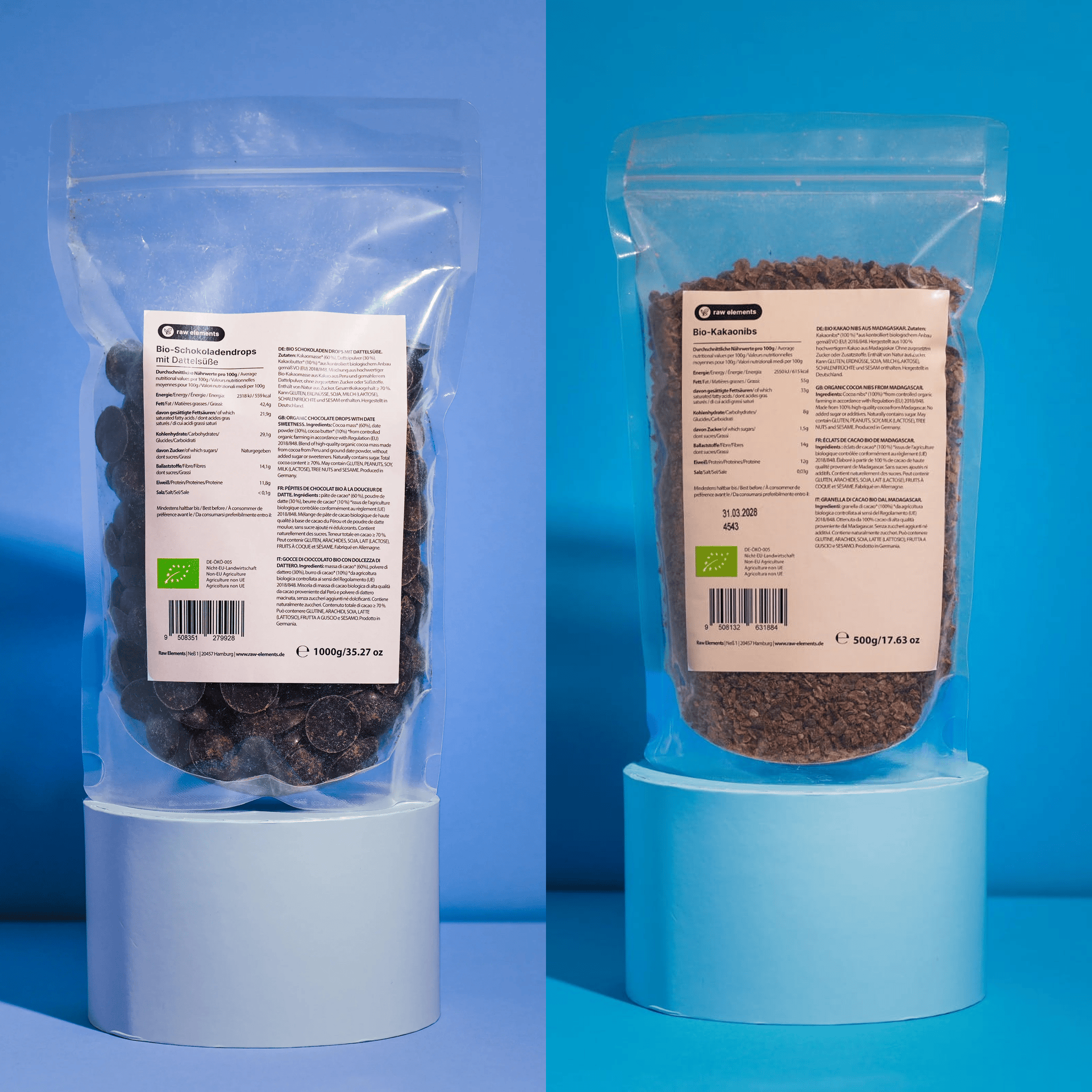 Bio Schokodrops und Bio Kakaonibs nebeneinander