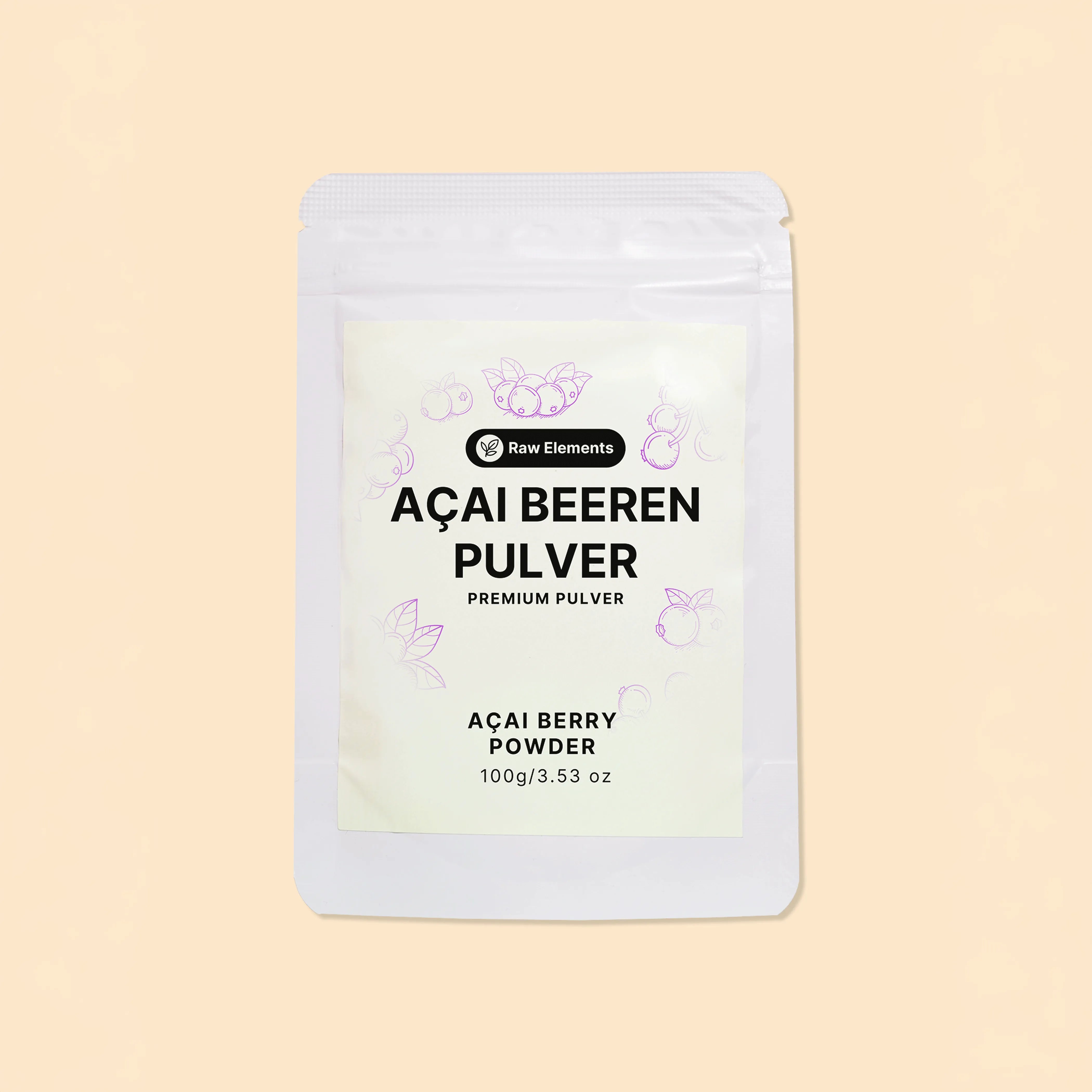 Frontansicht der Raw Elements Bio Açai Beeren Pulver Verpackung (100g) mit zarten Beeren-Illustrationen auf beigem Hintergrund