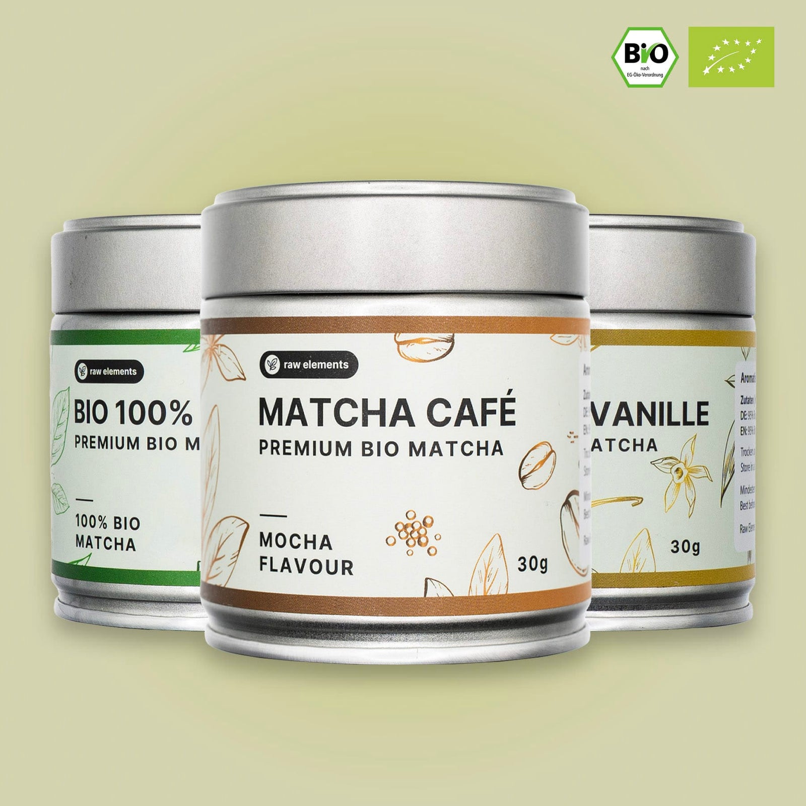 Matcha Classic Set von Raw Elements – 100 % Bio Matcha mit Vanille, Café und purer Sorte