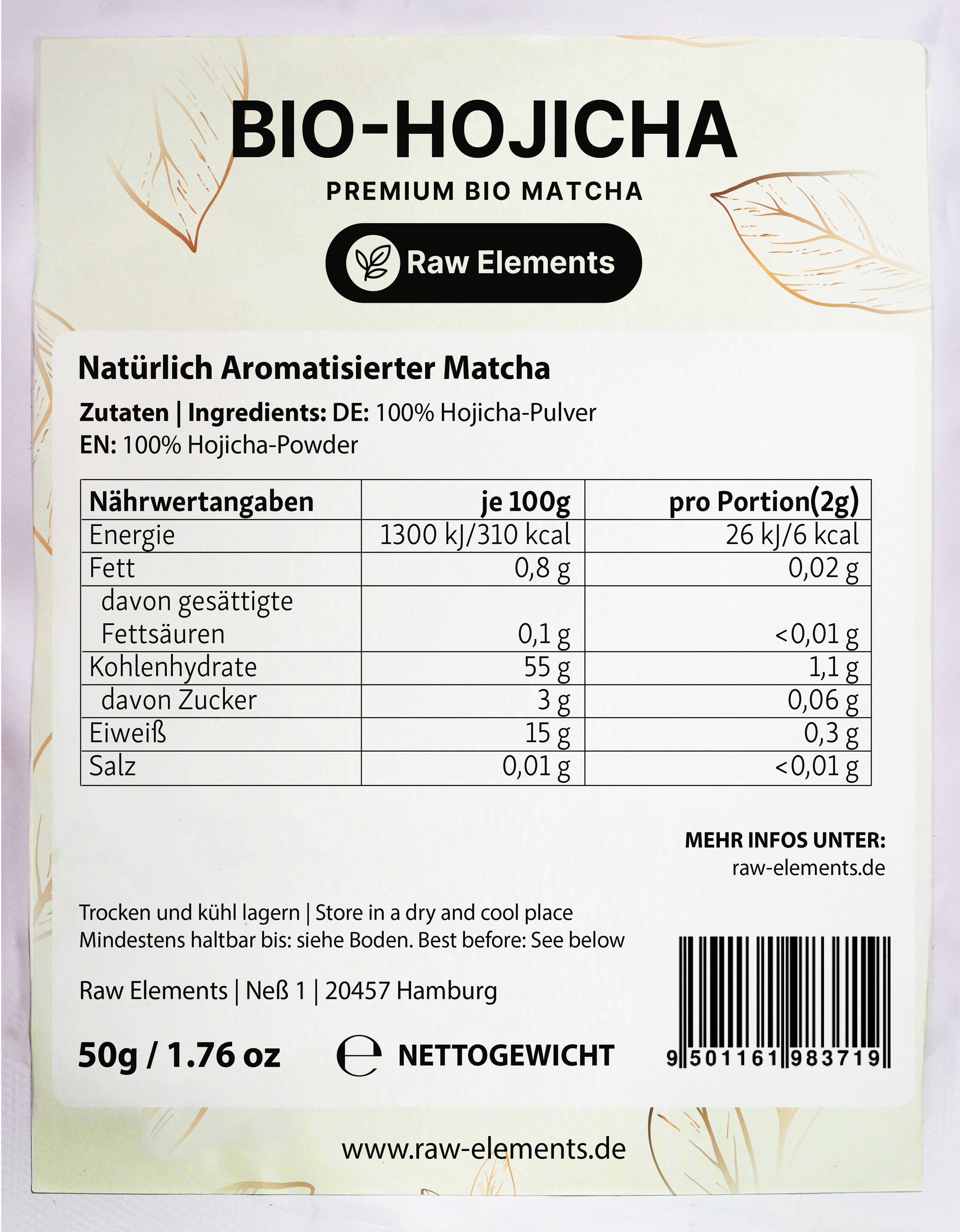 Rückseite der Bio Hojicha Pulver Verpackung mit detaillierten Nährwerten und Zutatenliste.