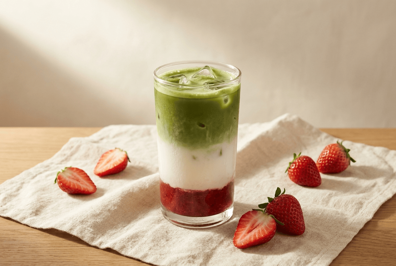 Strawberry Matcha Latte mit drei Schichten Erdbeere, Milch und Matcha