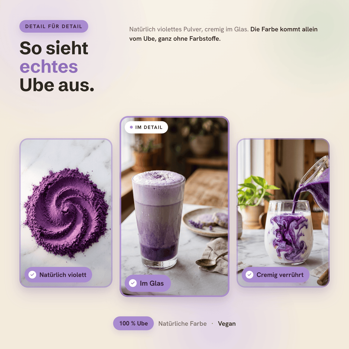 Ube im Detail: violettes Pulver, Latte im Glas